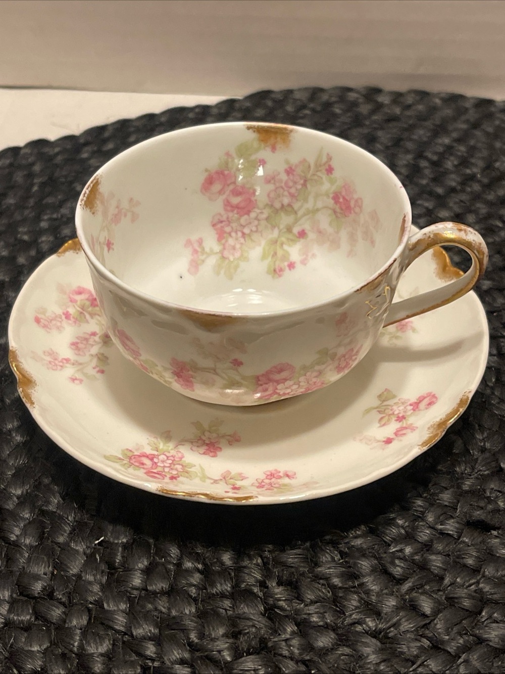Vtg Haviland Limoges Fine Porcelain Pink Floral Teacup & Saucer Set Gold Trim